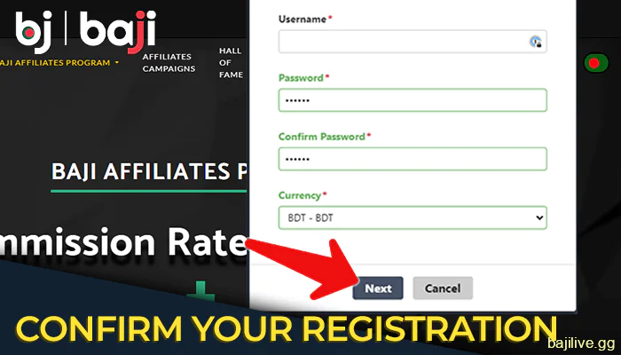 On the Baji Affiliate page, confirm your registration by clicking Sign Up
